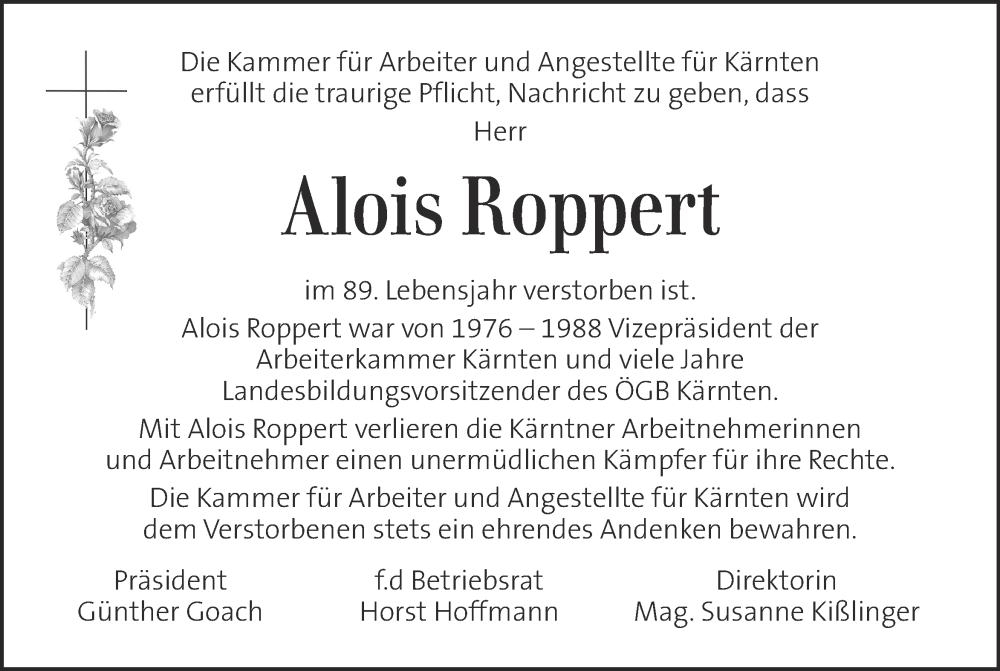  Traueranzeige für Alois Roppert vom 20.09.2022 aus Kleine Zeitung