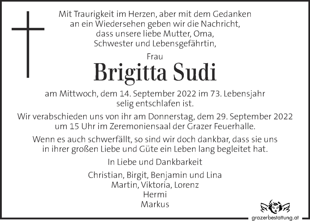  Traueranzeige für Brigitta Sudi vom 24.09.2022 aus Kleine Zeitung