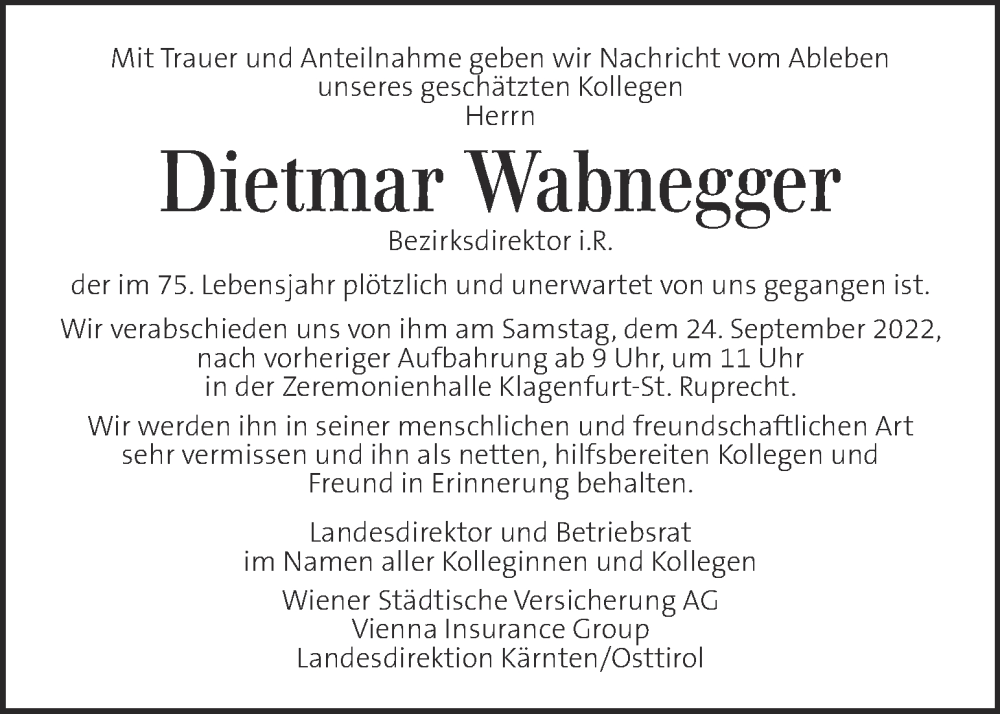  Traueranzeige für Dietmar Wabnegger vom 15.09.2022 aus Kleine Zeitung