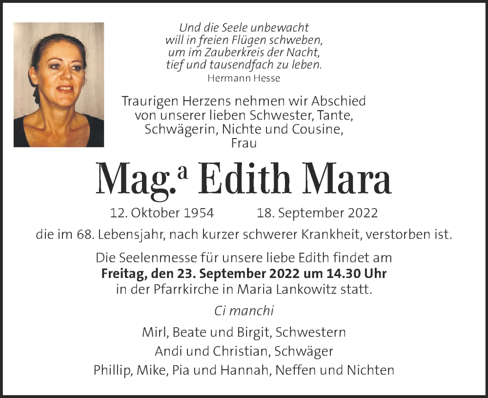  Traueranzeige für Edith Mara vom 21.09.2022 aus Kleine Zeitung