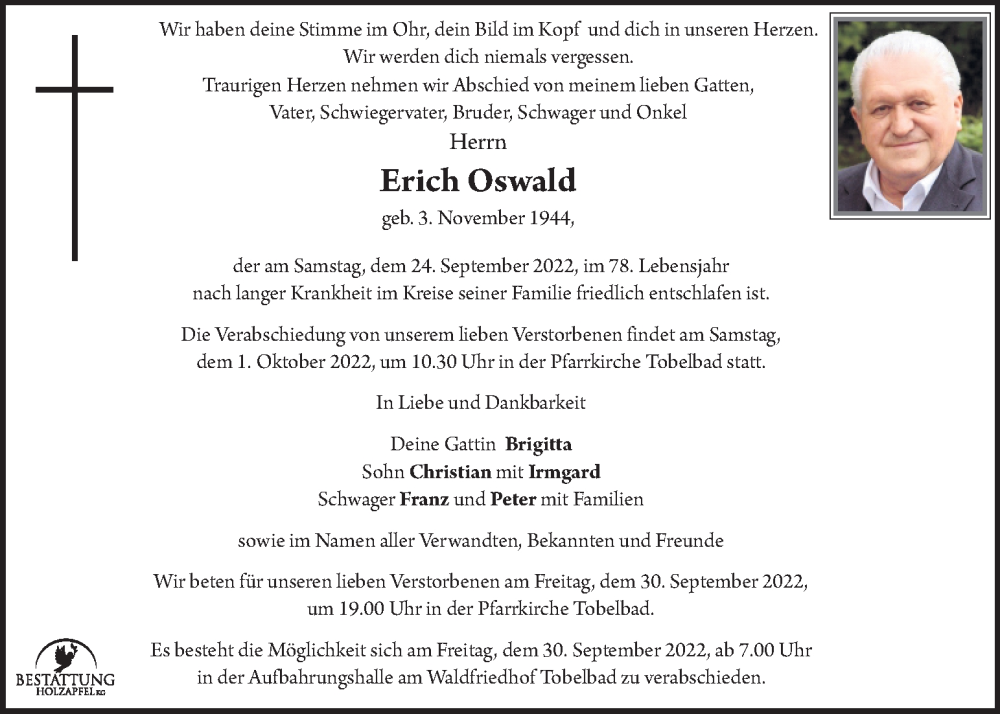  Traueranzeige für Erich Oswald vom 28.09.2022 aus Kleine Zeitung