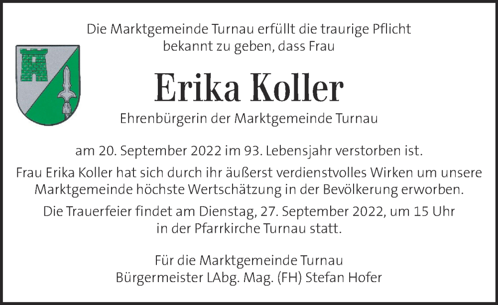  Traueranzeige für Erika Koller vom 24.09.2022 aus Kleine Zeitung