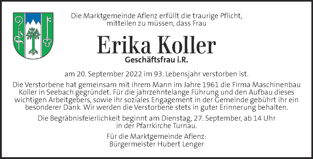  Traueranzeige für Erika Koller vom 25.09.2022 aus Kleine Zeitung