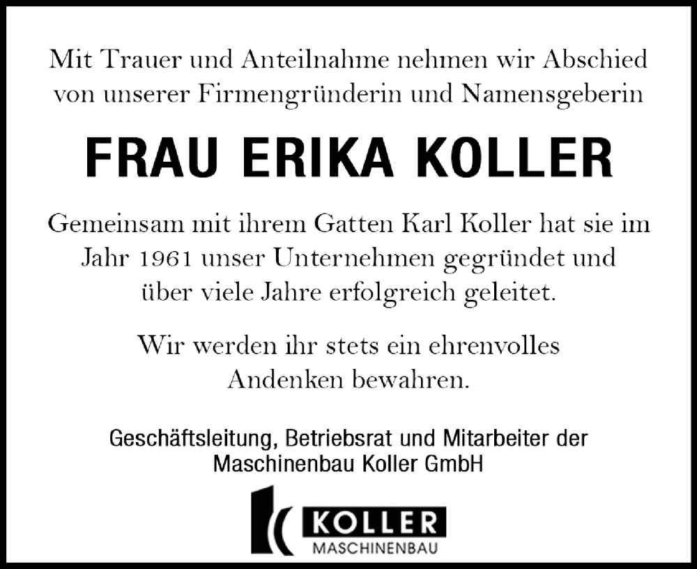  Traueranzeige für Erika Koller vom 24.09.2022 aus Kleine Zeitung