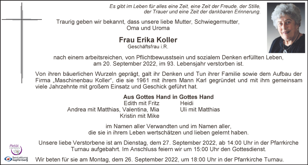  Traueranzeige für Erika Koller vom 23.09.2022 aus Kleine Zeitung