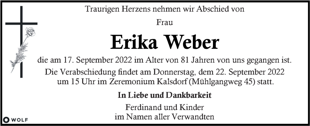  Traueranzeige für Erika Weber vom 20.09.2022 aus Kleine Zeitung