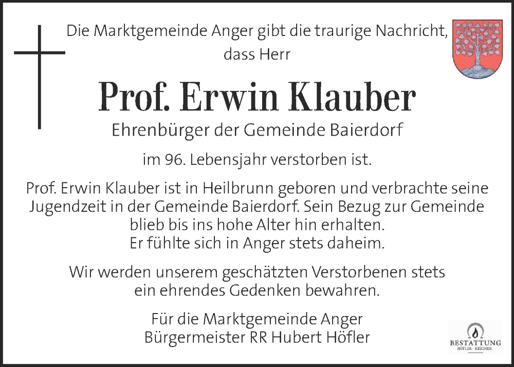  Traueranzeige für Erwin Klauber vom 29.09.2022 aus Kleine Zeitung