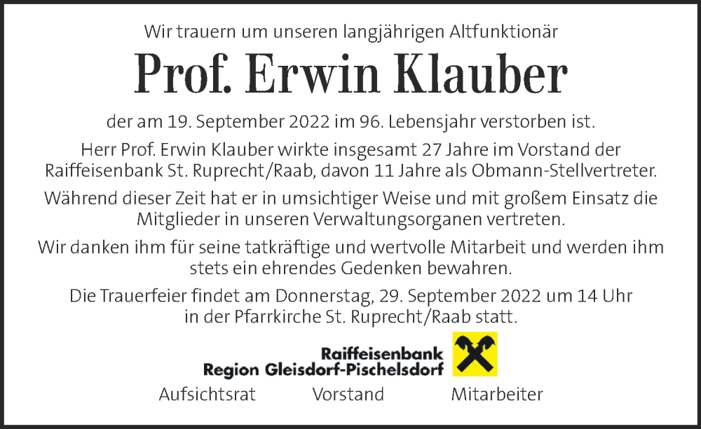  Traueranzeige für Erwin Klauber vom 28.09.2022 aus Kleine Zeitung
