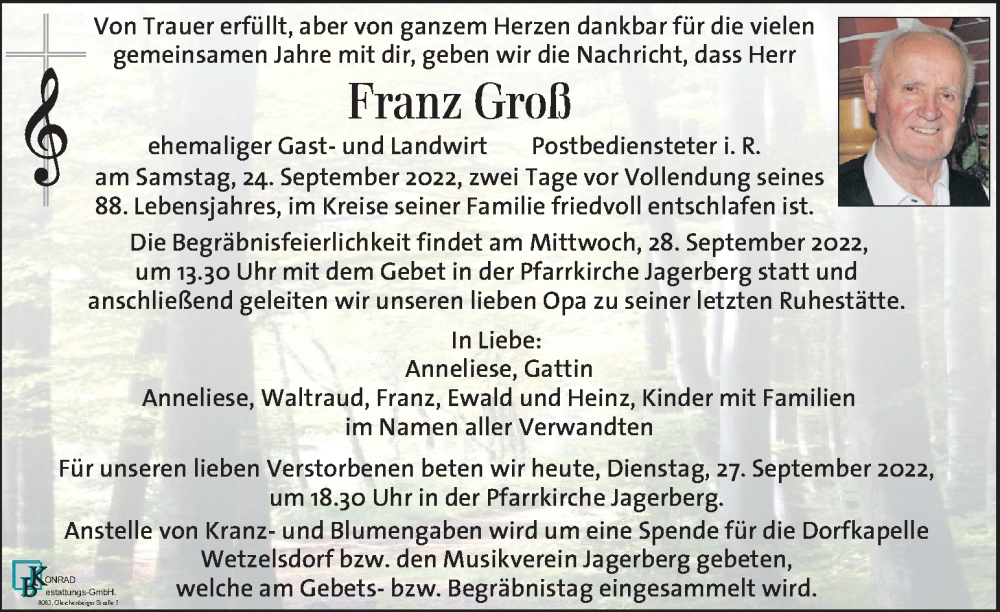  Traueranzeige für Franz Groß vom 27.09.2022 aus Kleine Zeitung