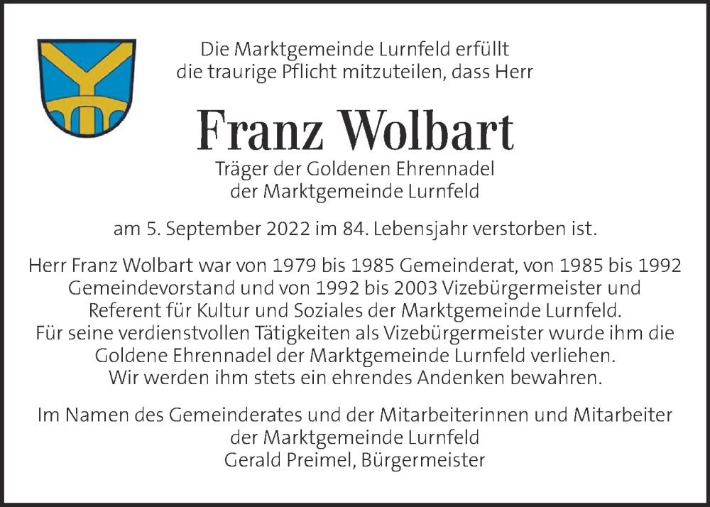  Traueranzeige für Franz Wolbart vom 11.09.2022 aus Kleine Zeitung
