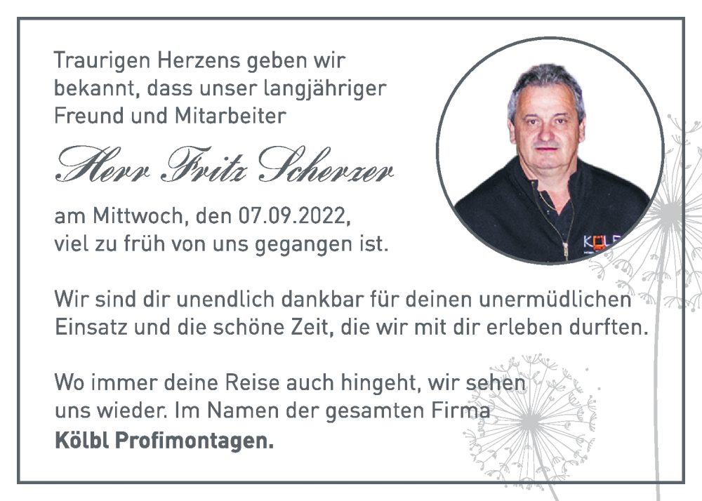  Traueranzeige für Fritz Scherzer vom 10.09.2022 aus Kleine Zeitung