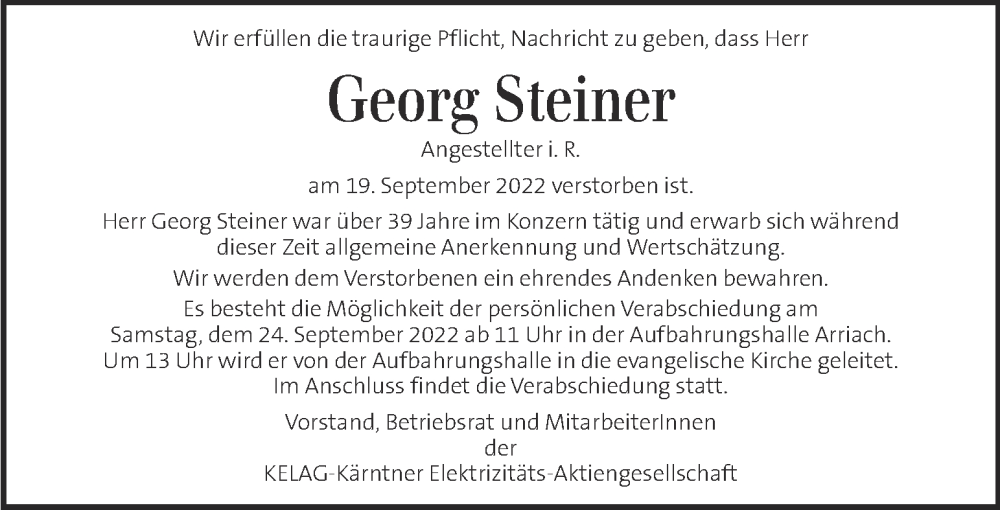  Traueranzeige für Georg Steiner vom 24.09.2022 aus Kleine Zeitung