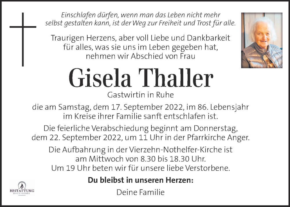  Traueranzeige für Gisela Thaller vom 20.09.2022 aus Kleine Zeitung