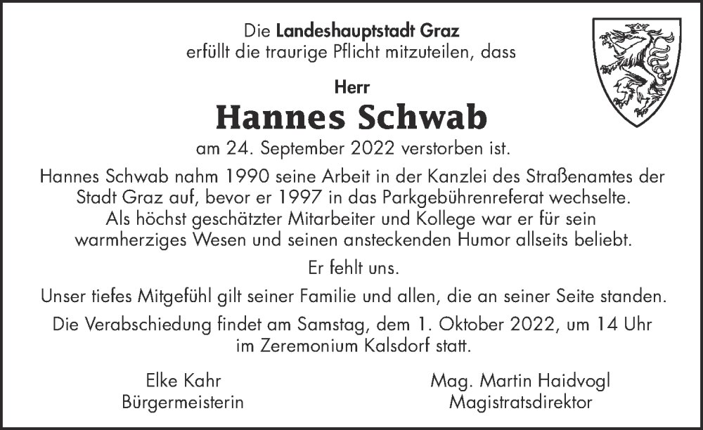  Traueranzeige für Hannes Schwab vom 30.09.2022 aus Kleine Zeitung