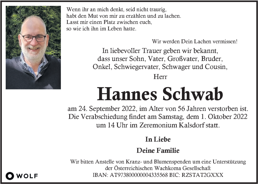  Traueranzeige für Hannes Schwab vom 28.09.2022 aus Kleine Zeitung