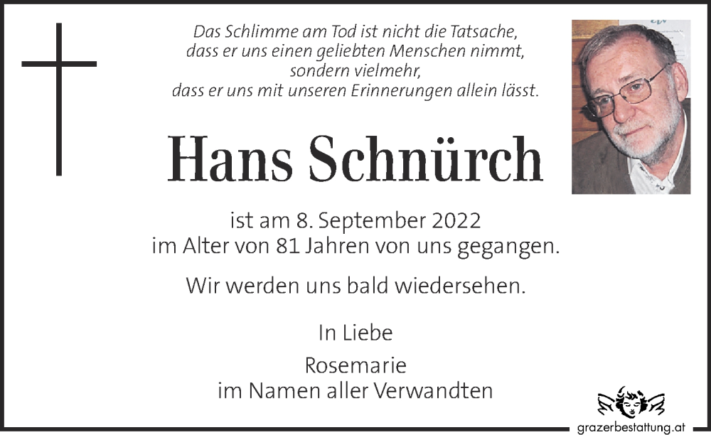  Traueranzeige für Hans Schnürch vom 10.09.2022 aus Kleine Zeitung