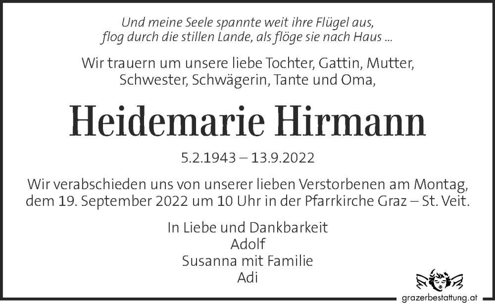  Traueranzeige für Heidemarie Hirmann vom 17.09.2022 aus Kleine Zeitung