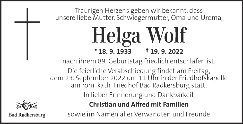  Traueranzeige für Helga Wolf vom 21.09.2022 aus Kleine Zeitung