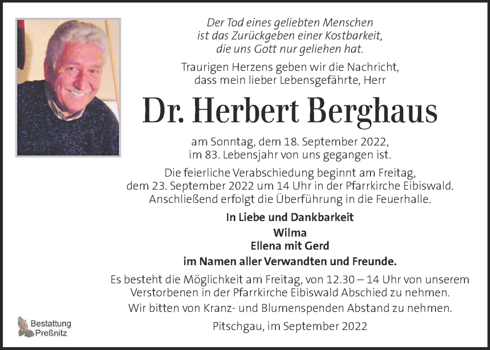  Traueranzeige für Herbert Berghaus vom 22.09.2022 aus Kleine Zeitung