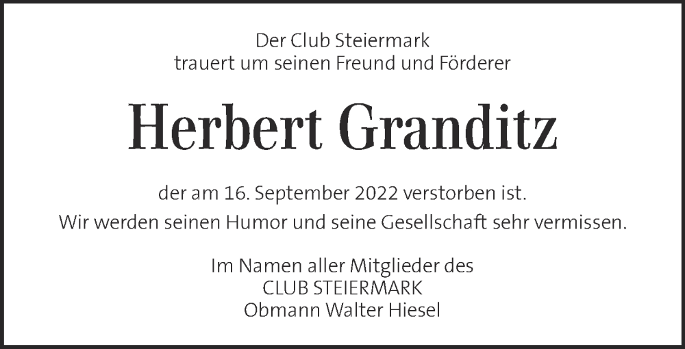  Traueranzeige für Herbert Granditz vom 23.09.2022 aus Kleine Zeitung