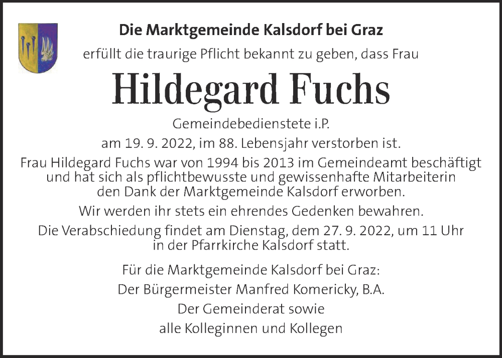  Traueranzeige für Hildegard Fuchs vom 23.09.2022 aus Kleine Zeitung