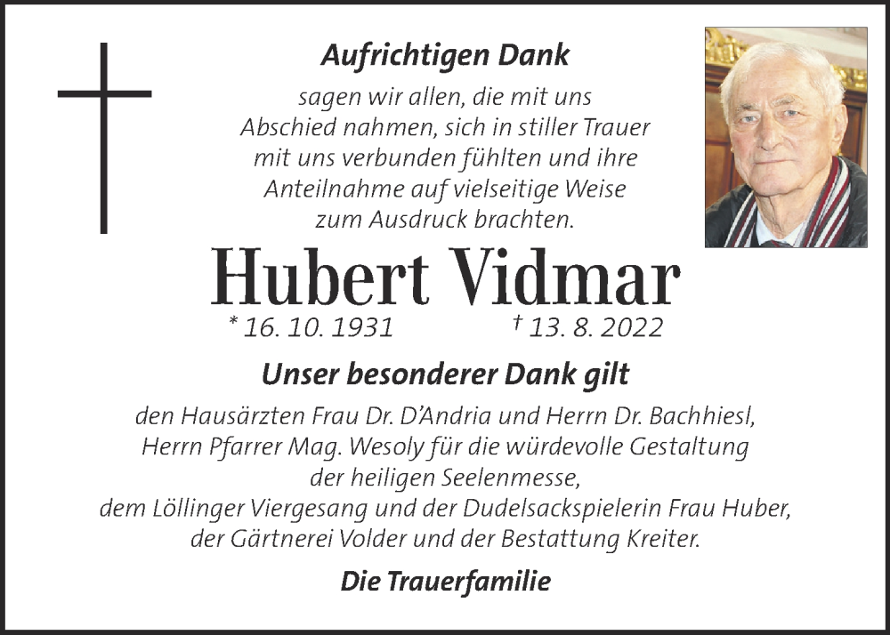  Traueranzeige für Hubert Vidmar vom 14.09.2022 aus Kleine Zeitung