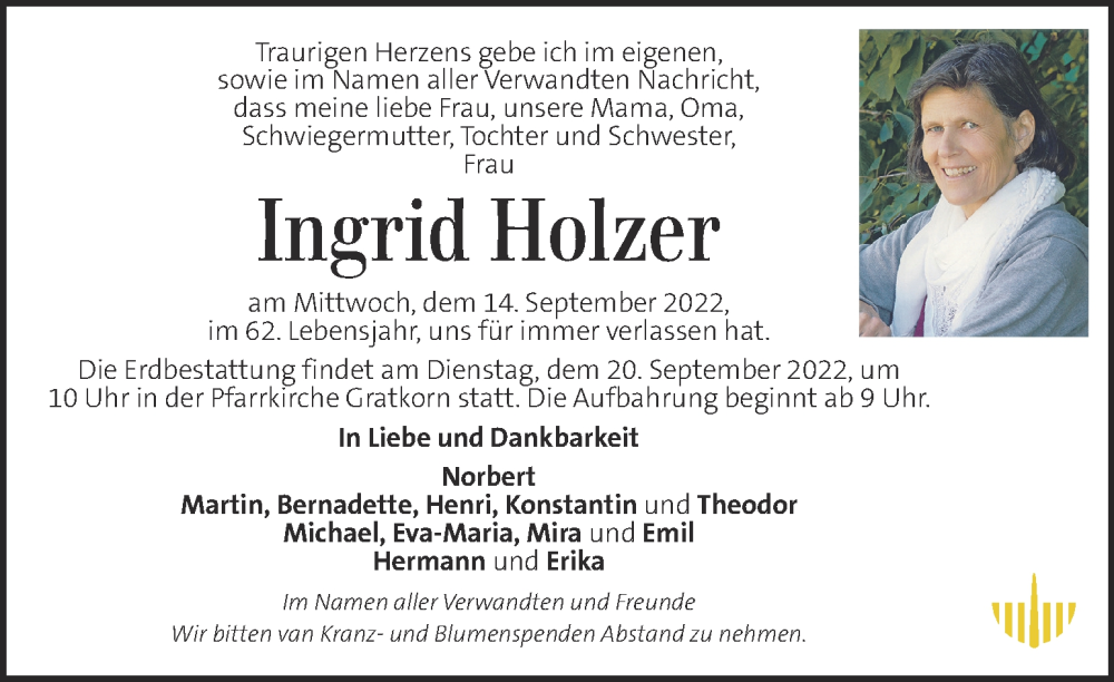  Traueranzeige für Ingrid Holzer vom 17.09.2022 aus Kleine Zeitung