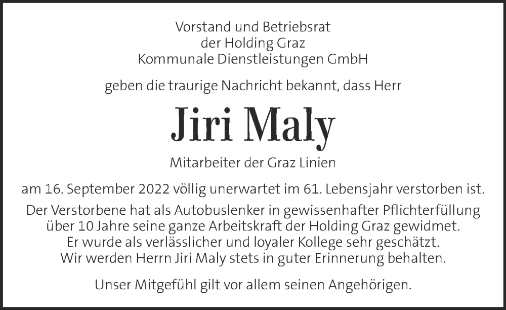  Traueranzeige für Jiri Maly vom 22.09.2022 aus Kleine Zeitung