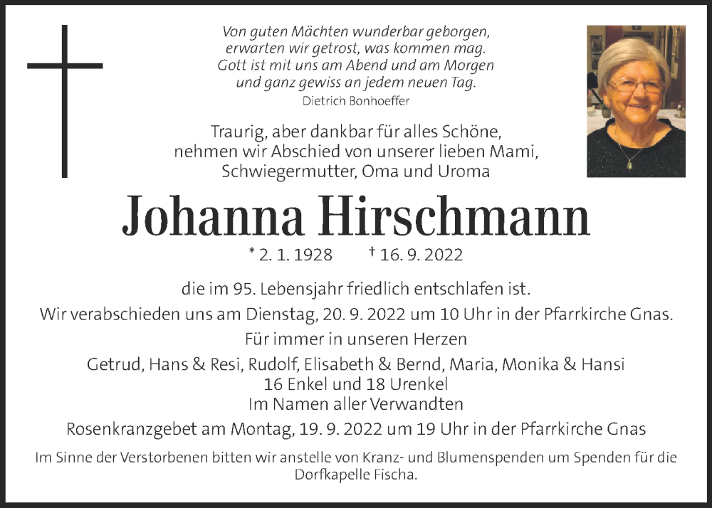  Traueranzeige für Johanna Hirschmann vom 18.09.2022 aus Kleine Zeitung