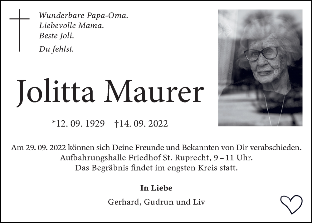  Traueranzeige für Jolitta Maurer vom 25.09.2022 aus Kleine Zeitung