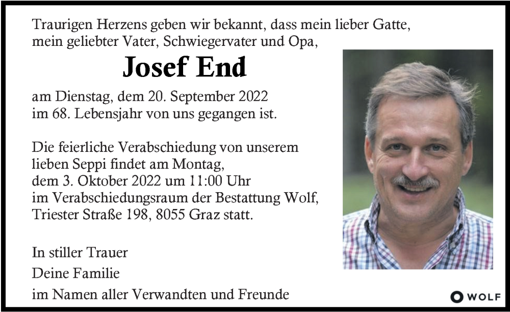  Traueranzeige für Josef End vom 25.09.2022 aus Kleine Zeitung
