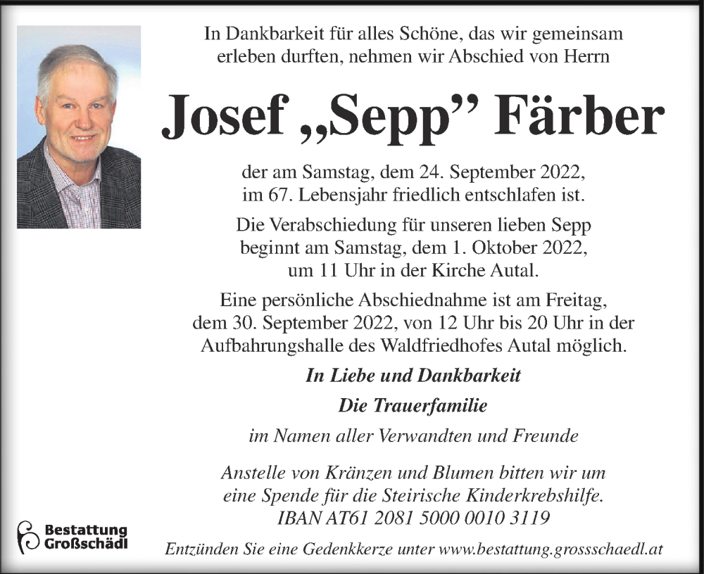  Traueranzeige für Josef Färber vom 28.09.2022 aus Kleine Zeitung