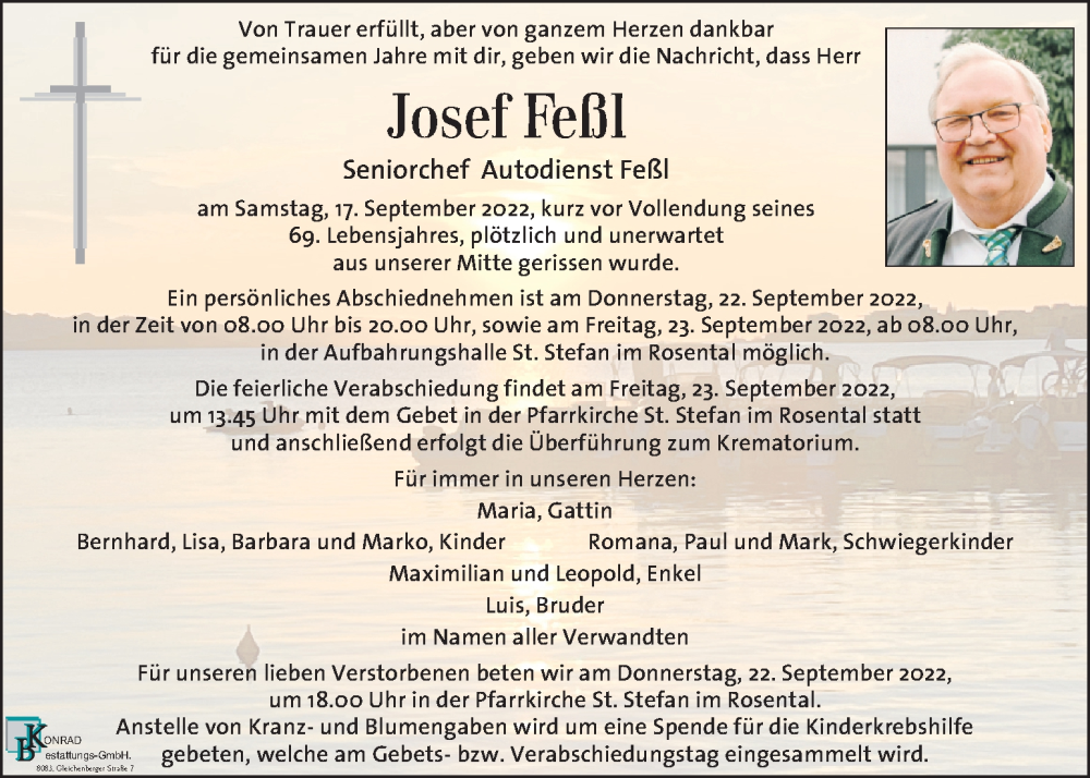  Traueranzeige für Josef Feßl vom 21.09.2022 aus Kleine Zeitung