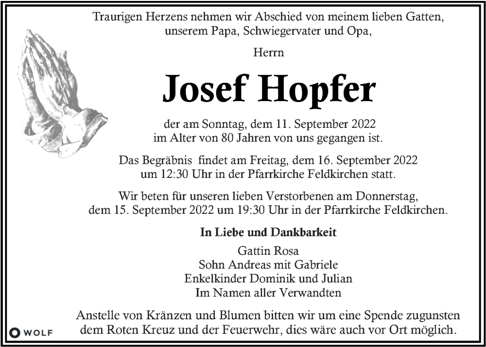  Traueranzeige für Josef Hopfer vom 14.09.2022 aus Kleine Zeitung
