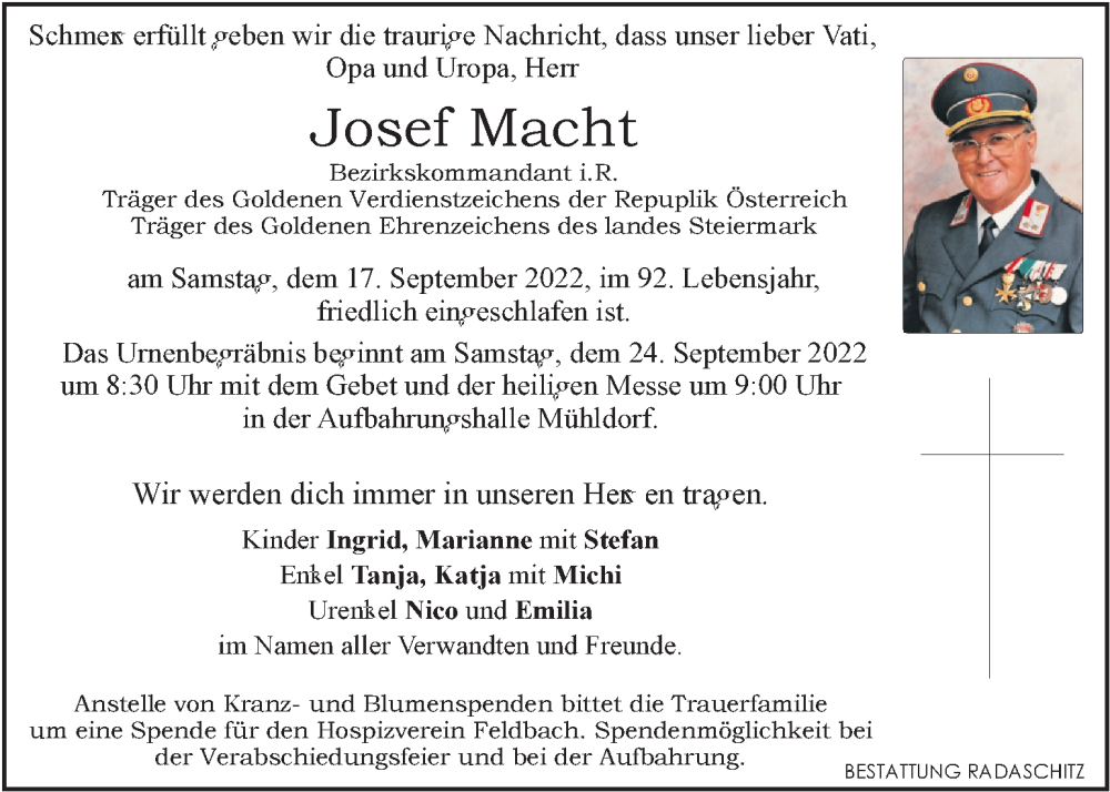  Traueranzeige für Josef Macht vom 21.09.2022 aus Kleine Zeitung