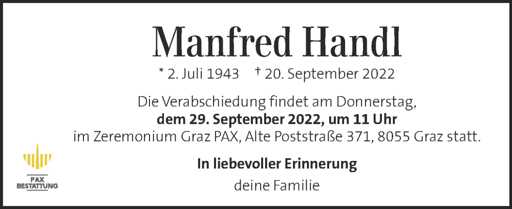  Traueranzeige für Manfred Handl vom 23.09.2022 aus Kleine Zeitung