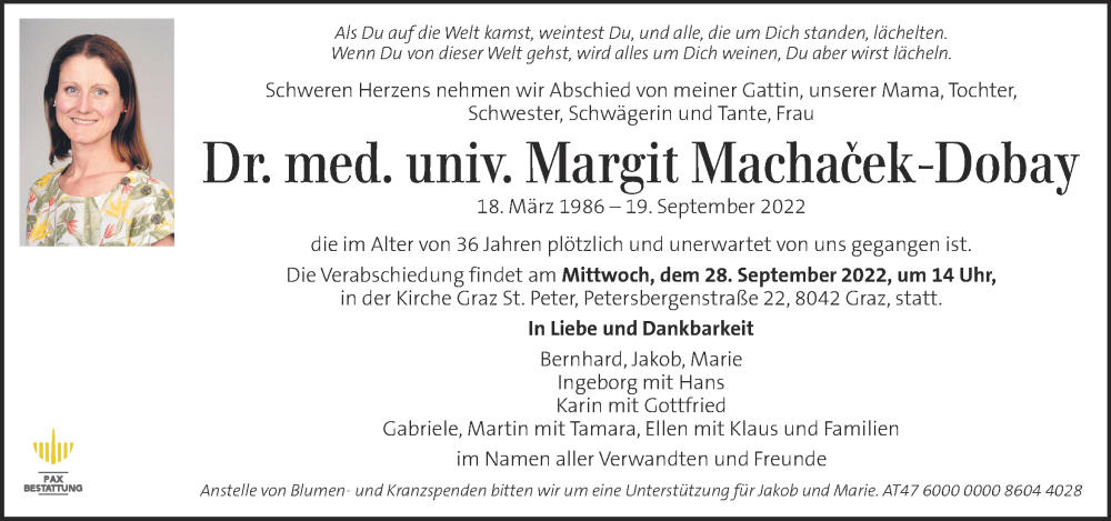  Traueranzeige für Margit Machacek-Dobay vom 25.09.2022 aus Kleine Zeitung
