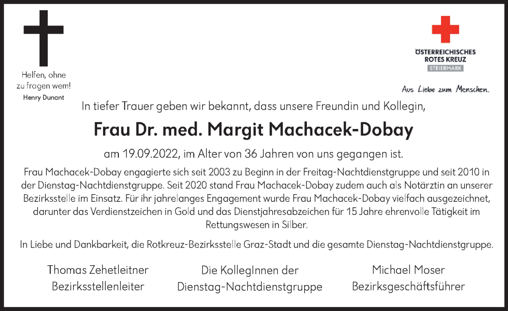  Traueranzeige für Margit Machacek-Dobay vom 21.09.2022 aus Kleine Zeitung