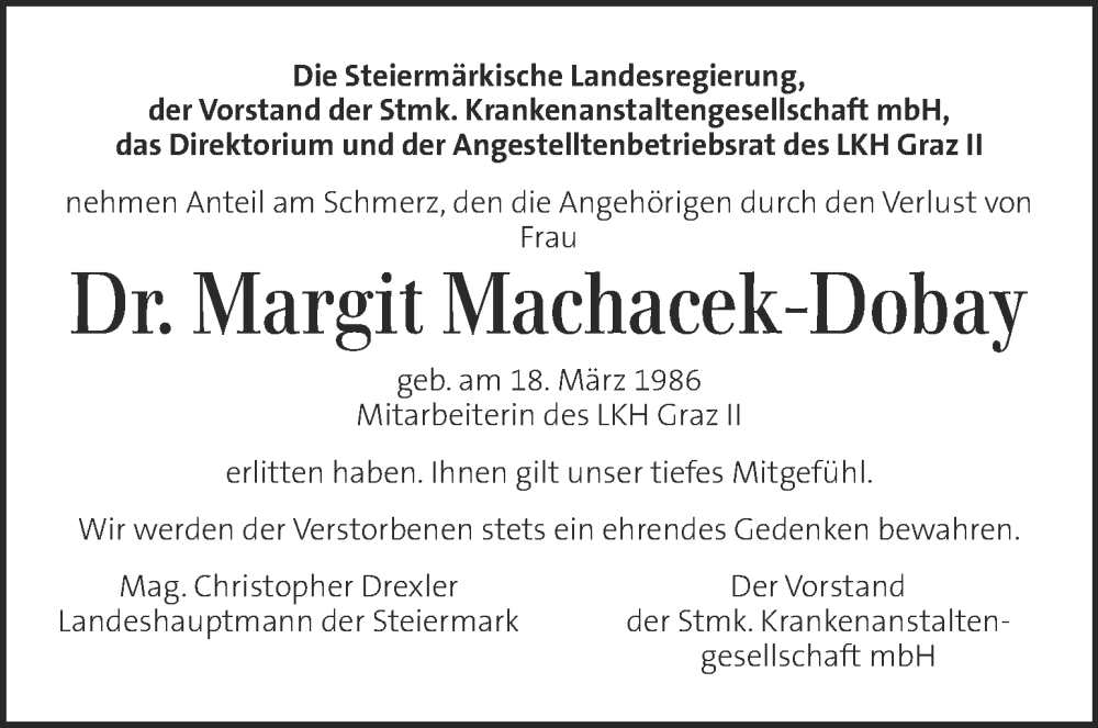  Traueranzeige für Margit Machacek-Dobay vom 24.09.2022 aus Kleine Zeitung