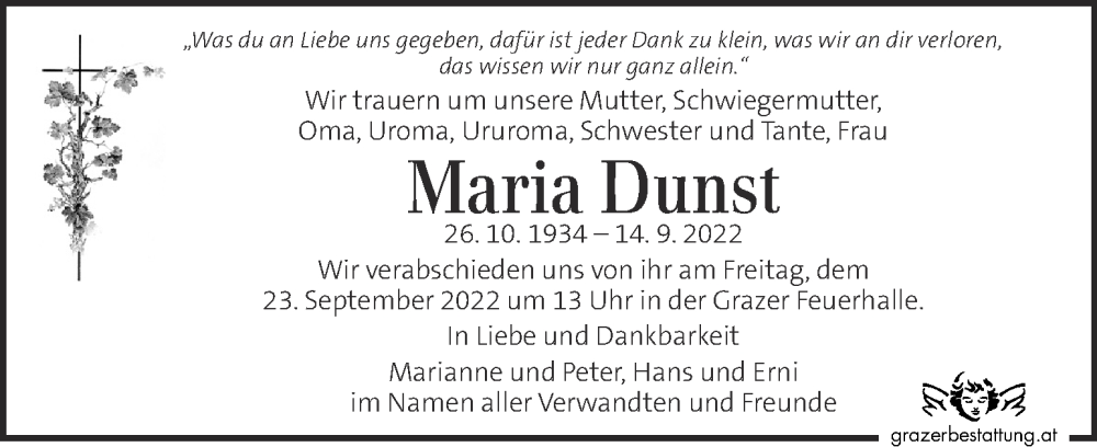  Traueranzeige für Maria Dunst vom 22.09.2022 aus Kleine Zeitung