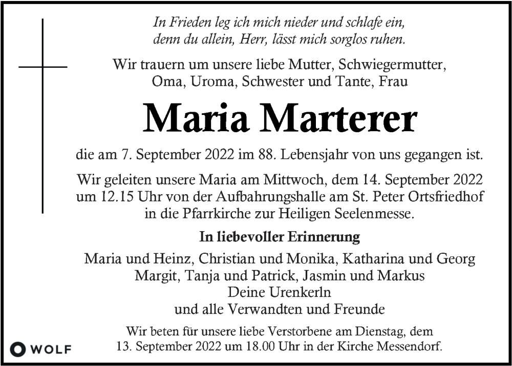  Traueranzeige für Maria Marterer vom 11.09.2022 aus Kleine Zeitung
