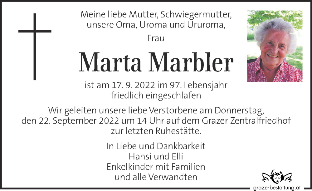  Traueranzeige für Marta Marbler vom 21.09.2022 aus Kleine Zeitung