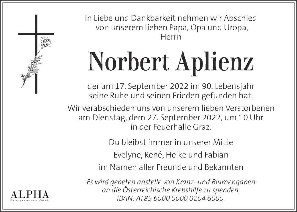  Traueranzeige für Norbert Aplienz vom 21.09.2022 aus Kleine Zeitung