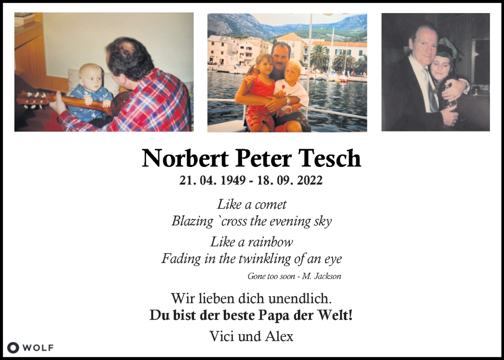  Traueranzeige für Norbert Peter Tesch vom 23.09.2022 aus Kleine Zeitung