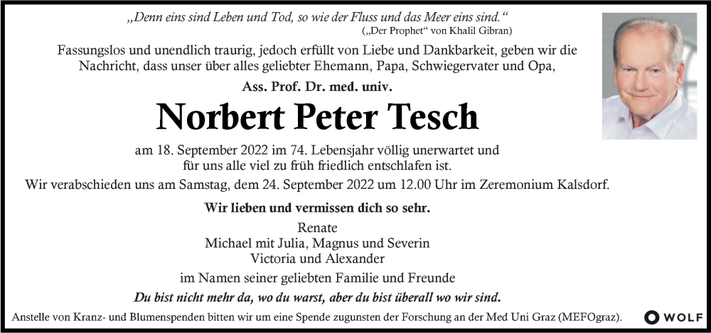  Traueranzeige für Norbert Peter Tesch vom 22.09.2022 aus Kleine Zeitung