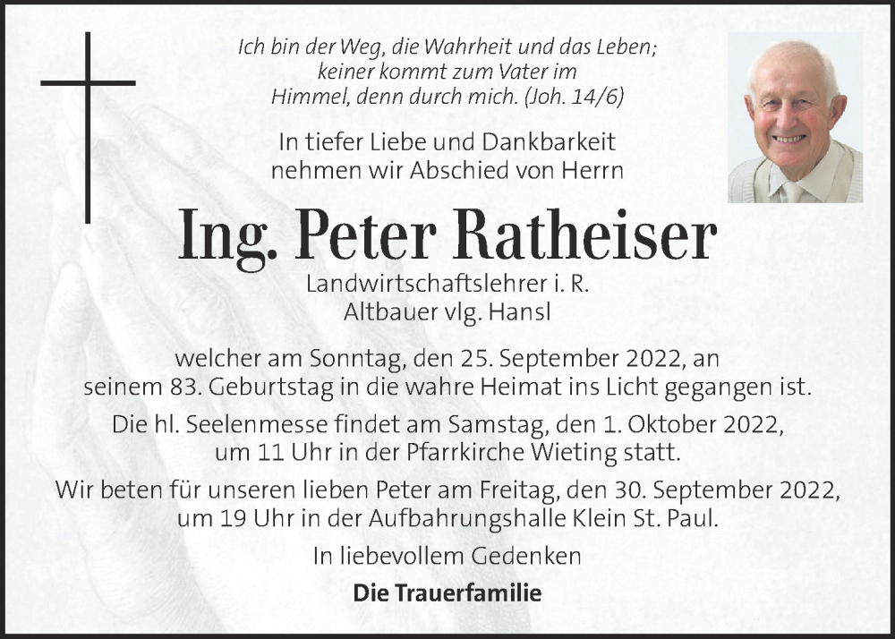  Traueranzeige für Peter Ratheiser vom 28.09.2022 aus Kleine Zeitung