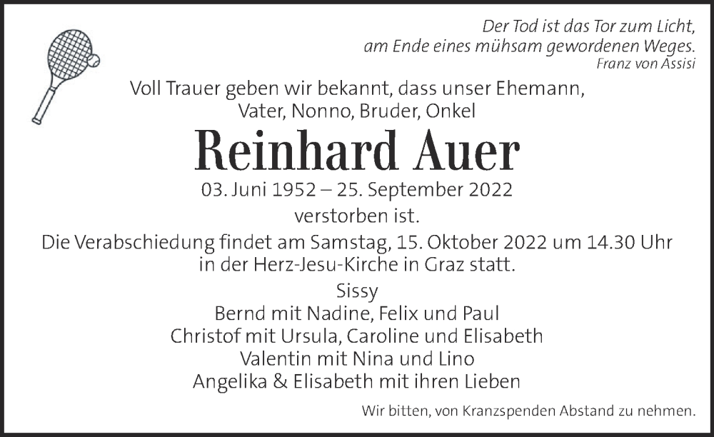  Traueranzeige für Reinhard Auer vom 30.09.2022 aus Kleine Zeitung