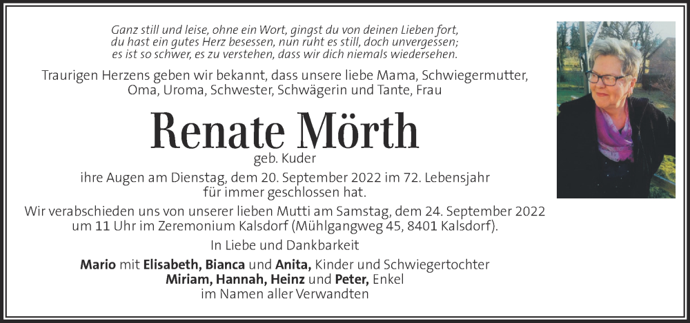  Traueranzeige für Renate Mörth vom 22.09.2022 aus Kleine Zeitung