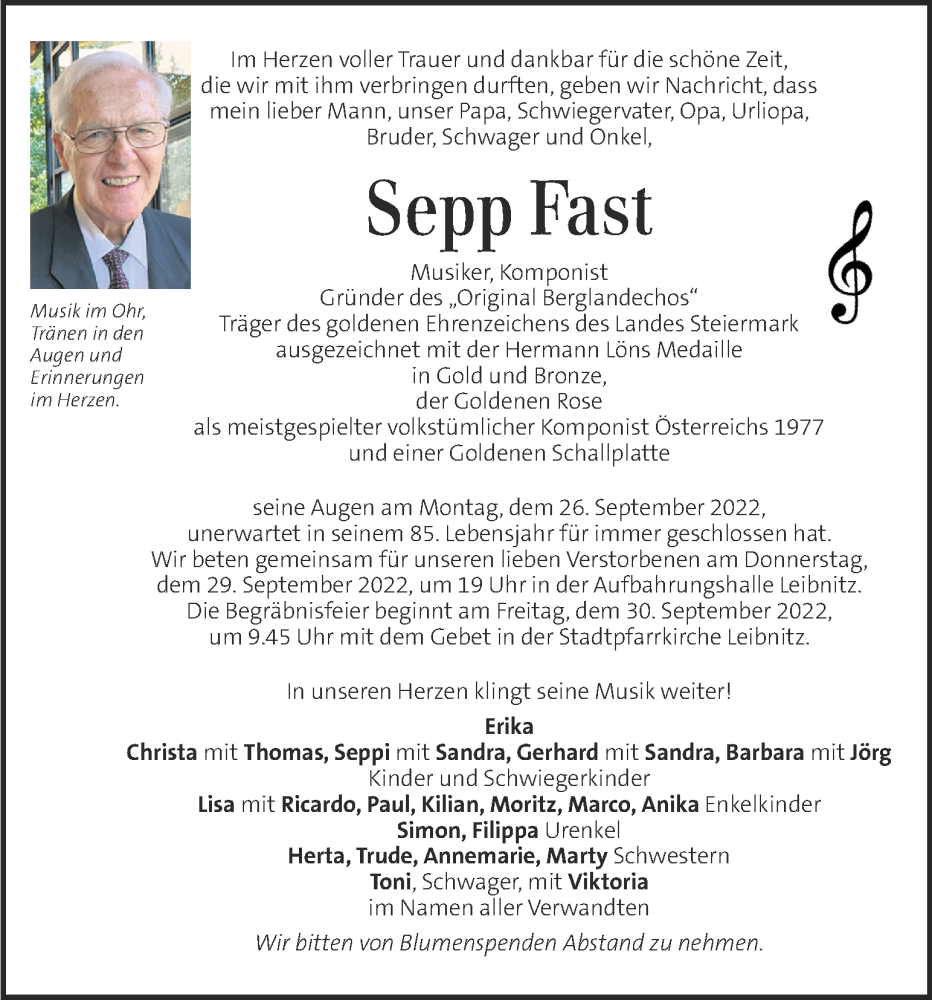  Traueranzeige für Sepp Fast vom 28.09.2022 aus Kleine Zeitung
