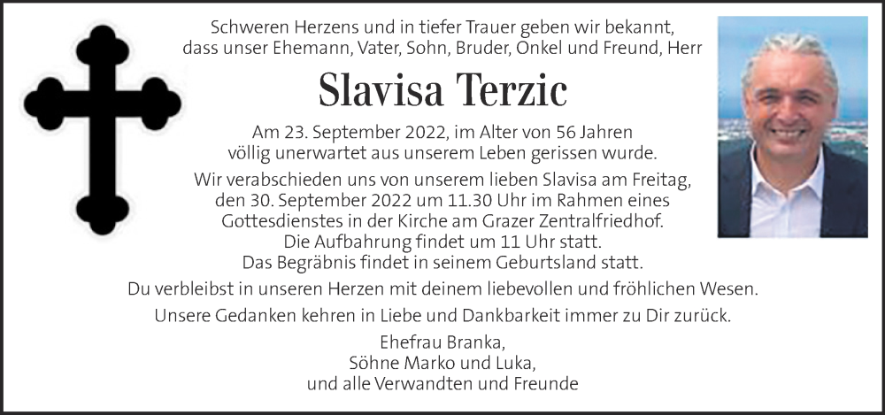  Traueranzeige für Slavisa Terzic vom 28.09.2022 aus Kleine Zeitung